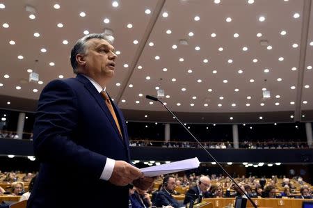 Hungary's Prime Minister Viktor Orban looks speaks during a plenary session at the European Parliament (EP) in Brussels, Belgium April 26, 2017. REUTERS/Eric Vidal