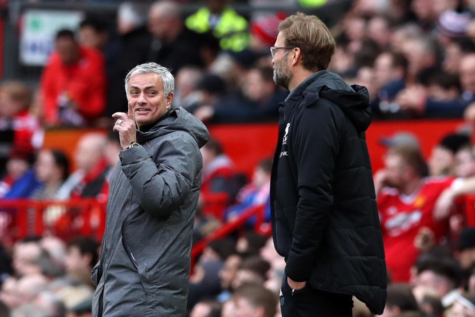 <p>Jose Mourinho and Jurgen Klopp share a joke </p>