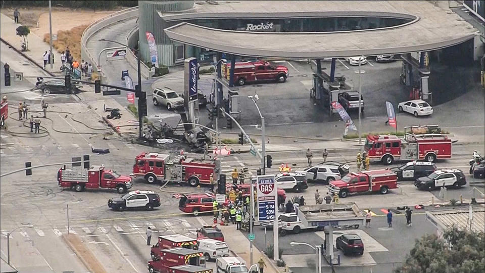 At least four people were killed in a fiery crash involving at least six cars at an intersection in Los Angeles' Windsor Hills area on Thursday. (NBC Los Angeles)