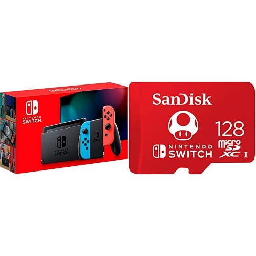 Nintendo Switch with Neon Blue and Neon Red Joy‑Con - HAC-001(-01) + SanDisk 128GB MicroSDXC UH…