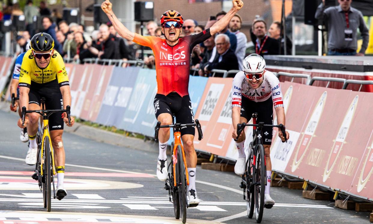 <span>British rider Thomas Pidcock crosses the finish line to win the Amstel Gold Race.</span><span>Photograph: Marcel van Hoorn/EPA</span>