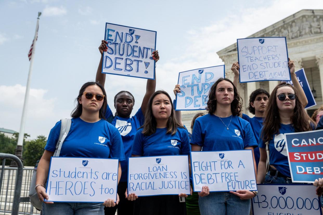 <span>Students protest in support of debt cancellation outside the supreme court in Washington DC on 30 June 2023.</span><span>Photograph: Allison Bailey/NurPhoto/Shutterstock</span>