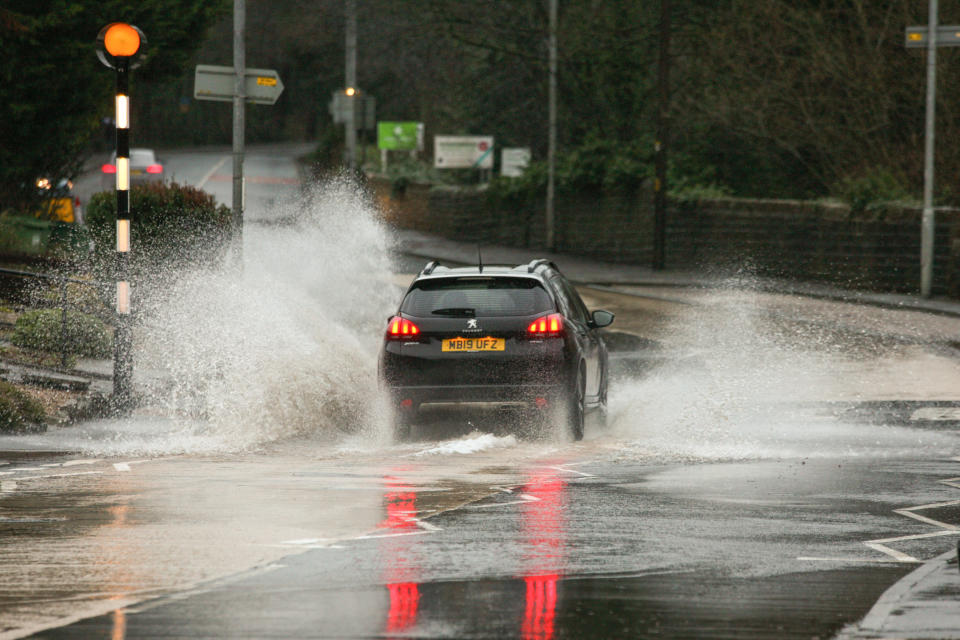 A car seen splashing water as it moves on a waterlogged street during a heavy rainfall in Holmfirth.
Parts of the UK including South Yorkshire and Greater Manchester are on high alert as Storm Christoph brings heavy rain, which is expected to cause floods and widespread disruption. (Photo by Adam Vaughan / SOPA Images/Sipa USA) 