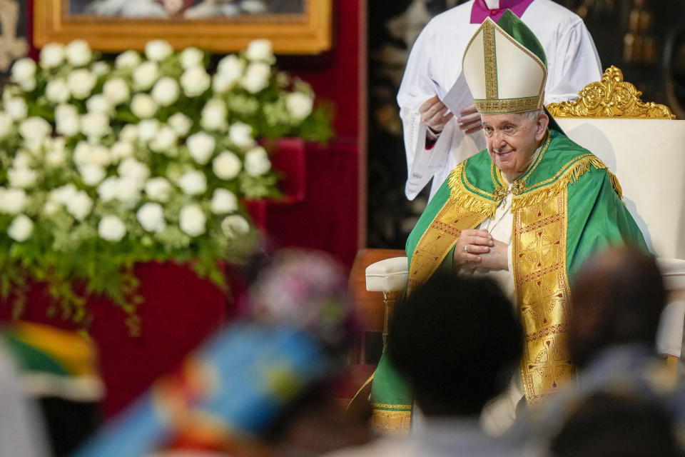 Pope Francis presides over a mass for the Congolese community, in St. Peter's Basilica, at the Vatican, Sunday, July 3, 2022. (AP Photo/Andrew Medichini)