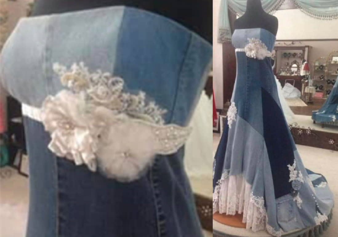 The dress is made entirely of denim, trimmed with a variety of fabrics. Photo: Facebook