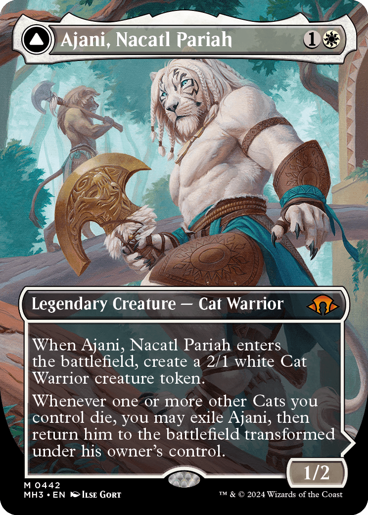 Ajani Nacatl Pariah legendary creature from MTG Modern Horizons 3. Two musclebound anthropomorphic lions appear in the borderless card art.