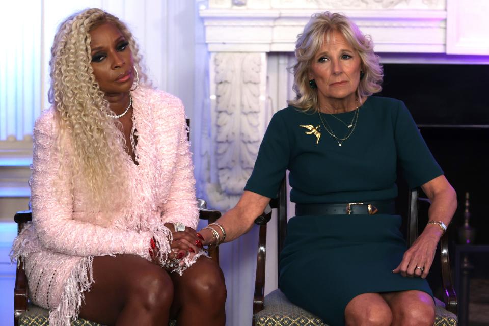 Mary J. Blige and first lady Jill Biden, here at a White House event about fighting cancer, will both be in the house at the Grammy Awards.