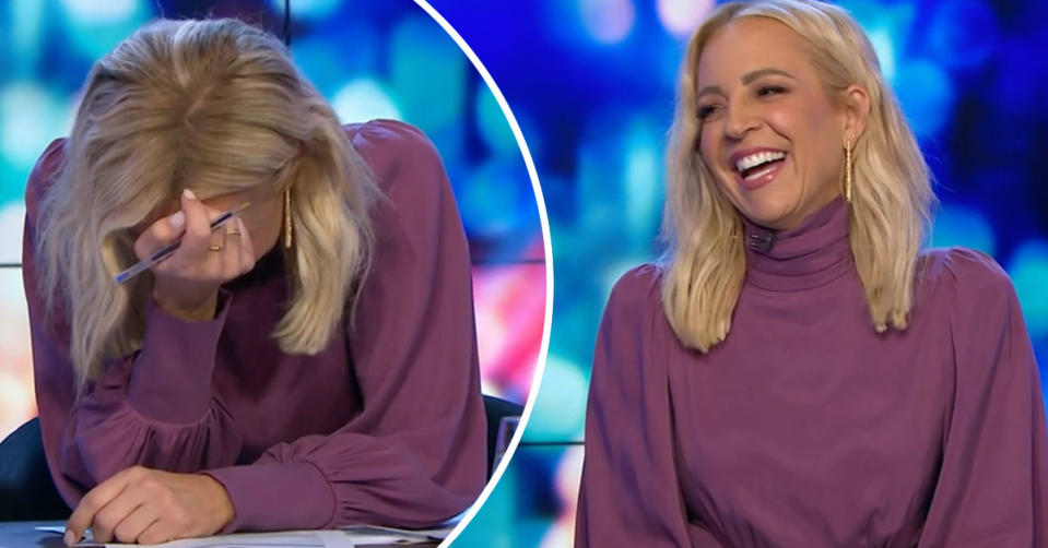 Two photos of Carrie Bickmore on The Project laughing and with her head in her hands