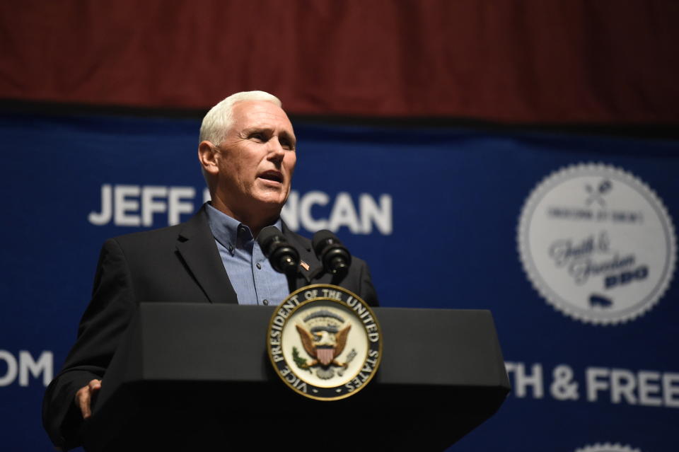 Vice President Mike Pence speaks Monday, Aug. 26, 2019, at U.S. Rep. Jeff Duncan's annual fundraiser in Anderson, S.C. (AP Photo/Meg Kinnard)