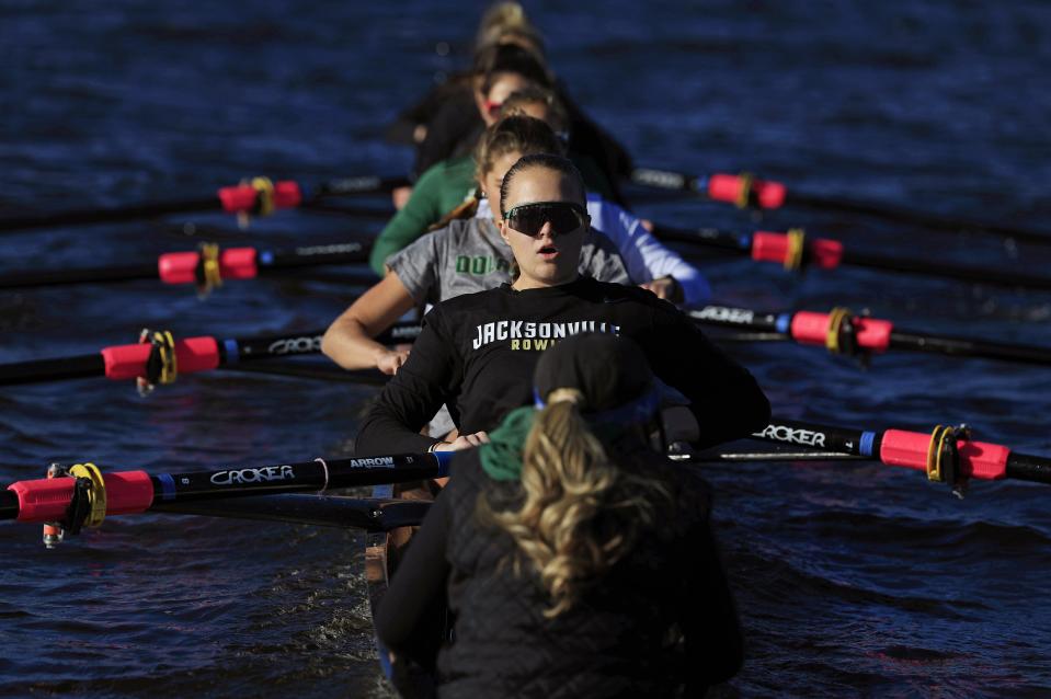 Jacksonville University rower Madi Santabarbara pulls back on the oars during a practice session on Feb. 8.