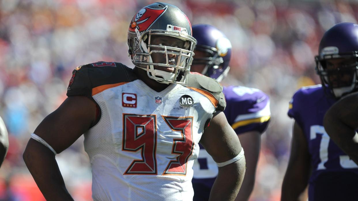 TAMPA, FL - OCTOBER 26: Defensive tackle Gerald McCoy #93 of the Tampa Bay Buccaneers stands on the field during a timeout against the Minnesota Vikings in the third quarter at Raymond James Stadium on October 26, 2014 in Tampa, Florida.