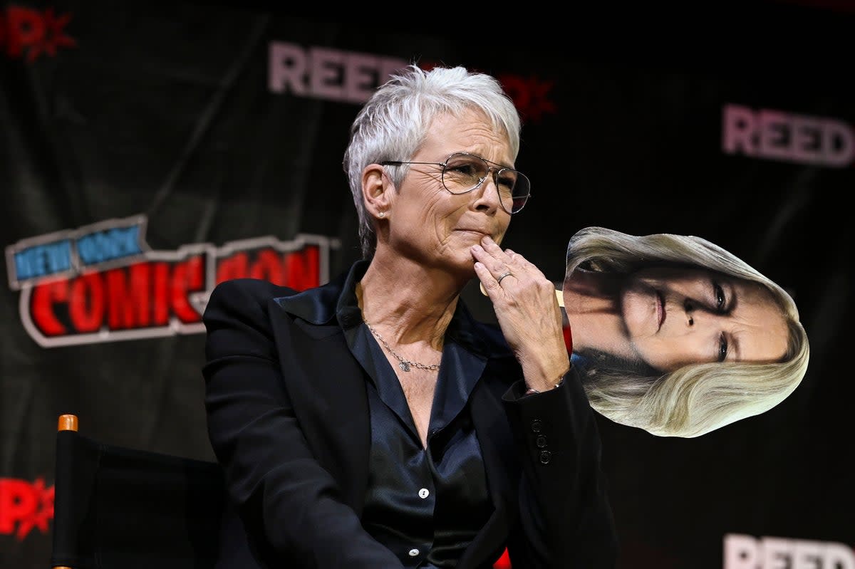 Jamie Lee Curtis speaks onstage during a Halloween Ends presentation in October, during New York Comic Con.  (Getty Images for Universal Pictu)