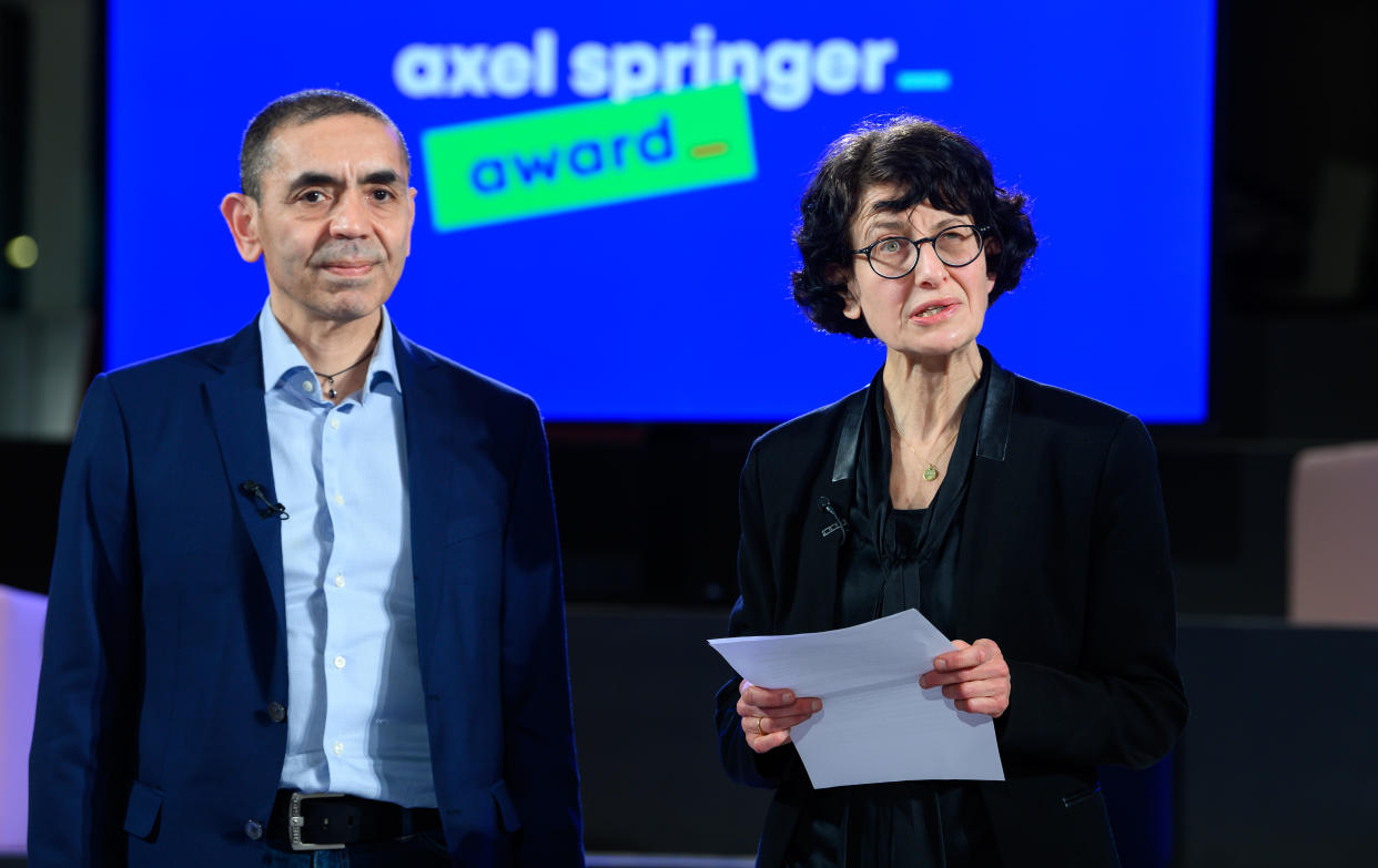 BERLIN, GERMANY - MARCH 18: Ugur Sahin and his wife Özlem Türeci, the founders of the Mainz-based corona vaccine developer Biontech, together at the end of the Axel Springer Award ceremony broadcast for the researcher couple, during a virtual awards show on March 18, 2021 in Berlin, Germany. (Photo by Bernd von Jutrczenka - Pool/Getty Images)