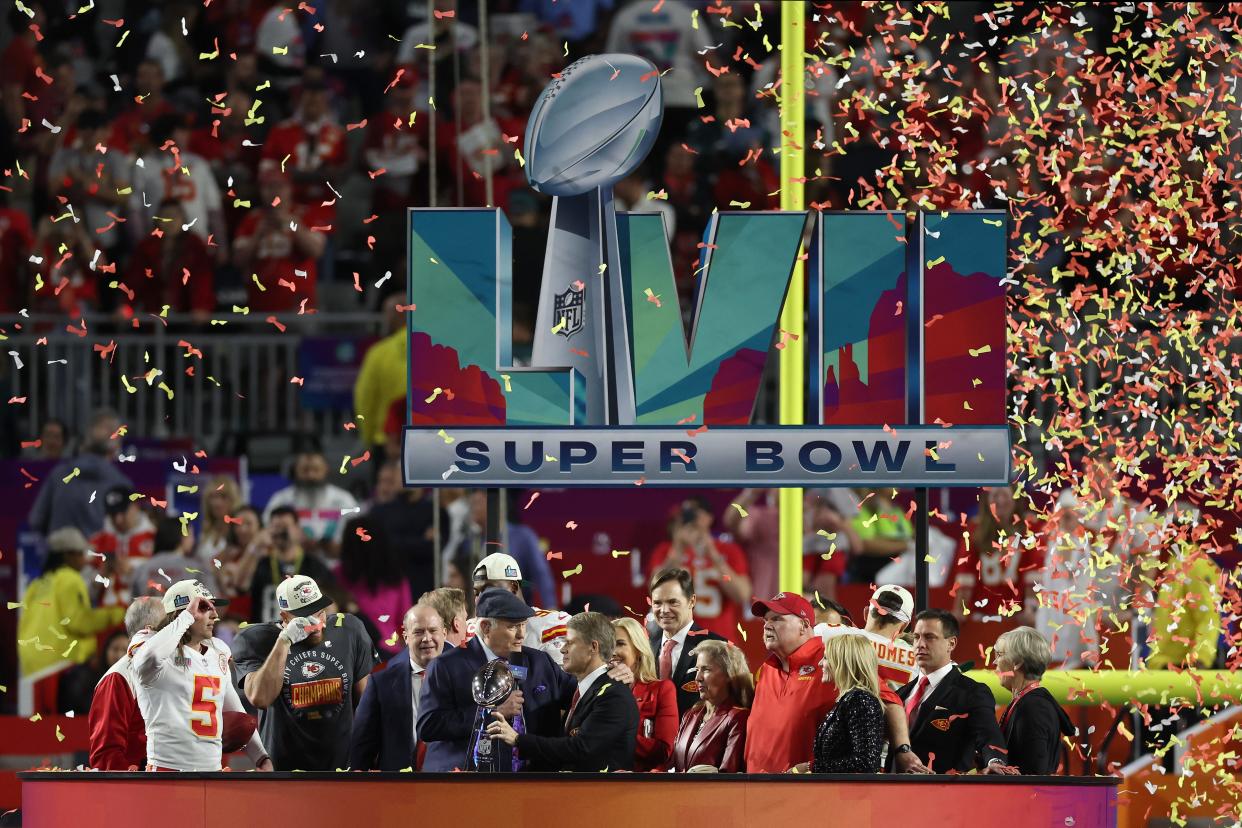 Kansas City Chiefs CEO Clark Hunt, a member of the billionaire Hunt family, celebrating the Super Bowl LVII win last year.