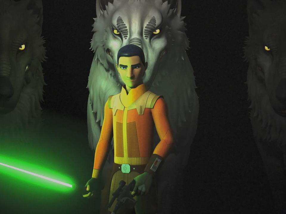 Ezra Bridger (Taylor Gray) surrounded by wolves.