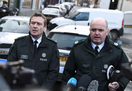 Police Superintendent Gordon McCalmont (L) and Assistant Chief Constable Mark Hamilton give a statement about the suspected car bomb in Londonderry, Northern Ireland January 20, 2019. REUTERS/Clodagh Kilcoyne