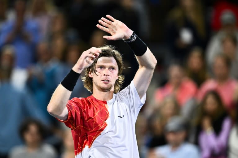 Andrey Rublev celebrates after eliminating top-ranked Jannik Sinner of Italy 6-3, 1-6, 6-2 to reach the ATP Montreal Masters semi-finals (Minas Panagiotakis)