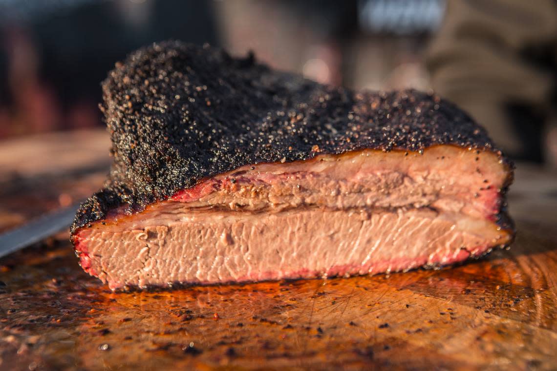 Pitmaster Chris Prieto uses different woods on different meats at his restaurant Prime BBQ. Brisket gets the oak treatment. Prime Barbecue