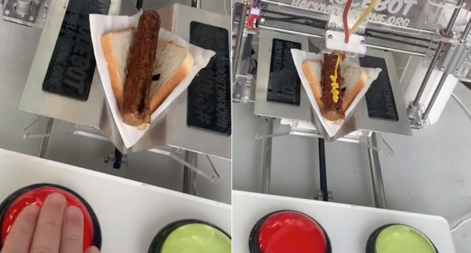 The Bunnings' SauceBot puts tomato sauce or mustard on your sausage sizzle with the press of a button