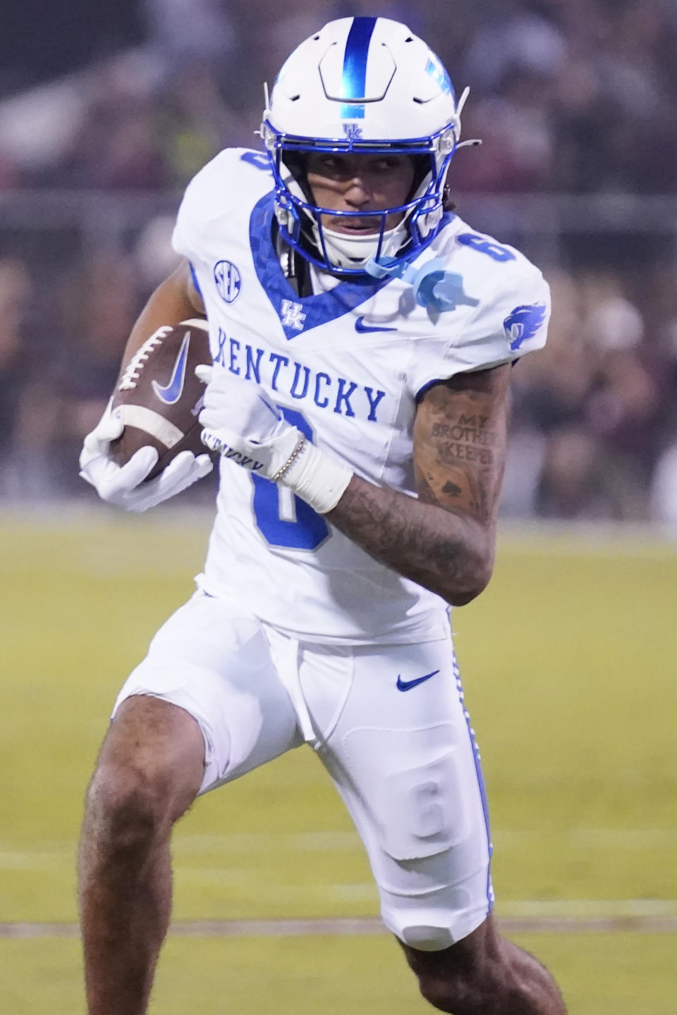 Kentucky wide receiver Dane Key (6) runs following a pass reception against Mississippi State during the first half of an NCAA college football game in Starkville, Miss., Saturday, Nov. 4, 2023. (AP Photo/Rogelio V. Solis)