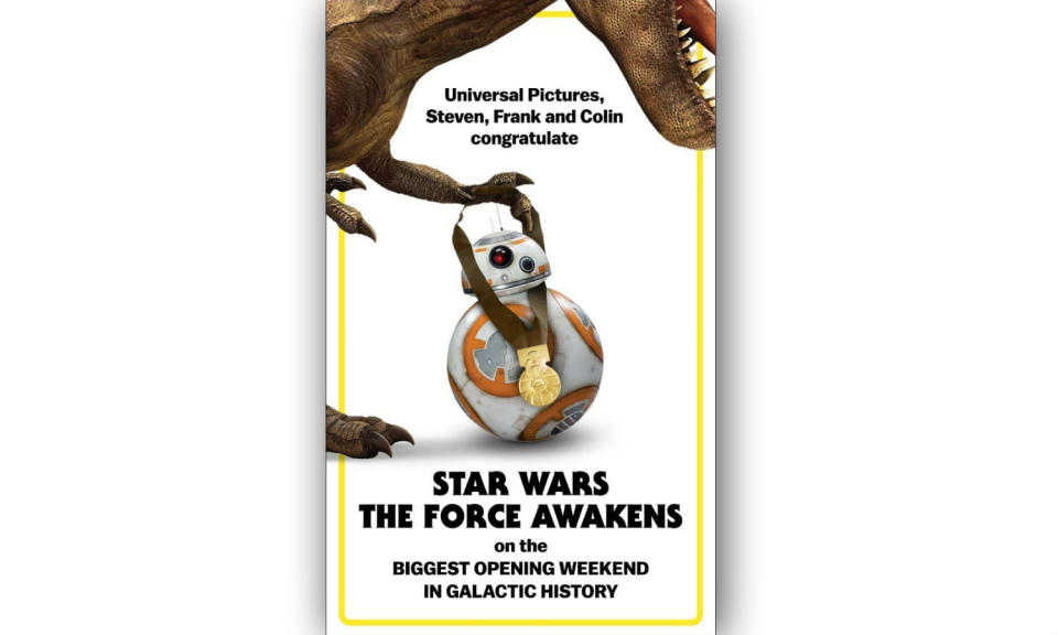 Universal congratulates Disney for ‘The Force Awakens’ overtaking ‘Jurassic World’ (2015)