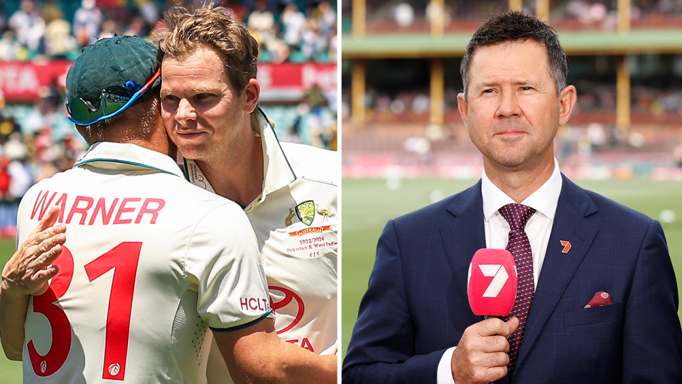 Steve Smith embraces David Warner and Ricky Ponting during commentary.