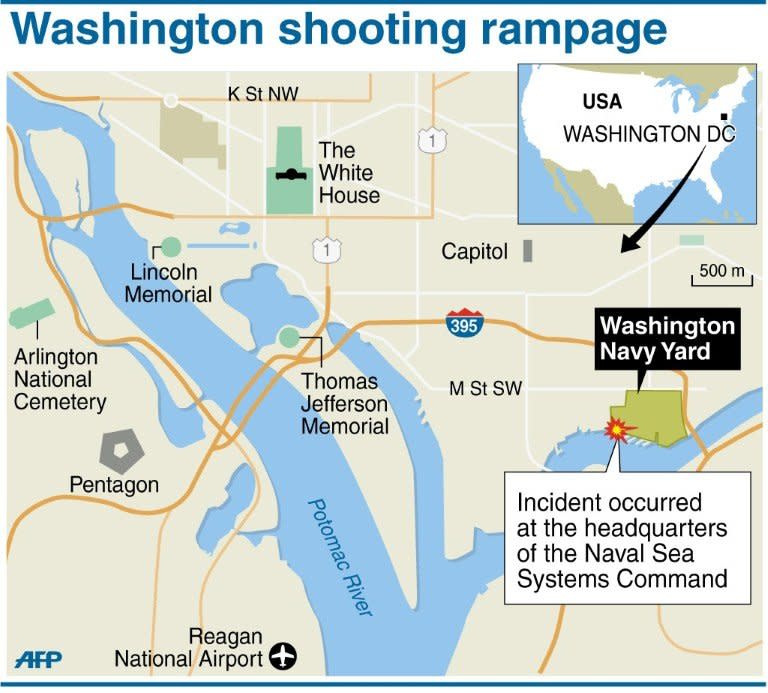 Map of Washington locating the Washington Navy Yard where at least one gunman opened fire