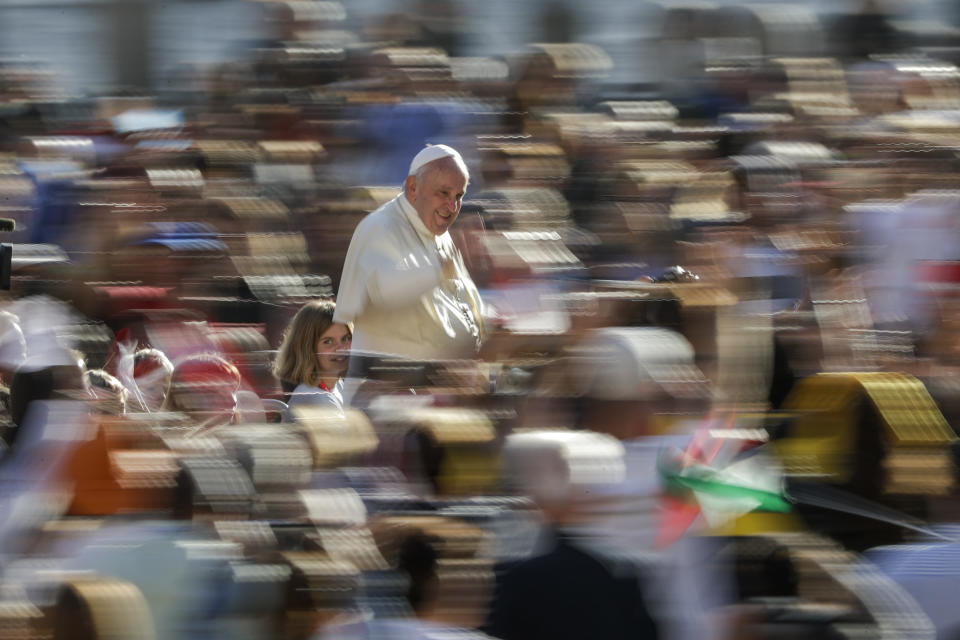 Pope Francis arrives for his weekly general audience, in St.Peter's Square, at the Vatican, Wednesday, Oct. 16, 2019. (AP Photo/Andrew Medichini)