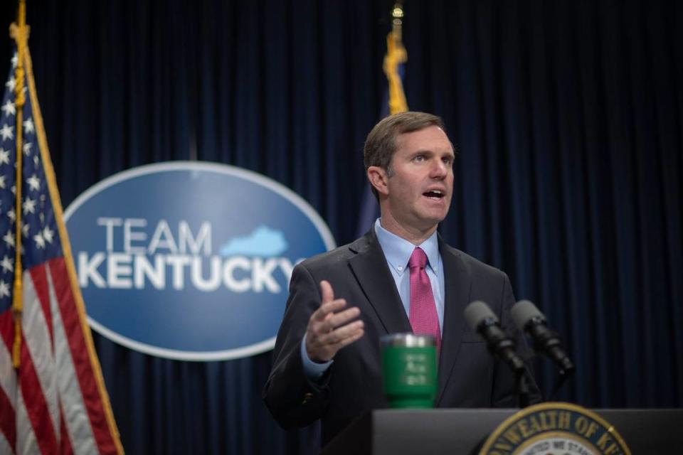 Kentucky Gov. Andy Beshear speaks during a press conference at the Kentucky state Capitol in Frankfort, Ky., on Thursday, Jan. 19, 2023.
