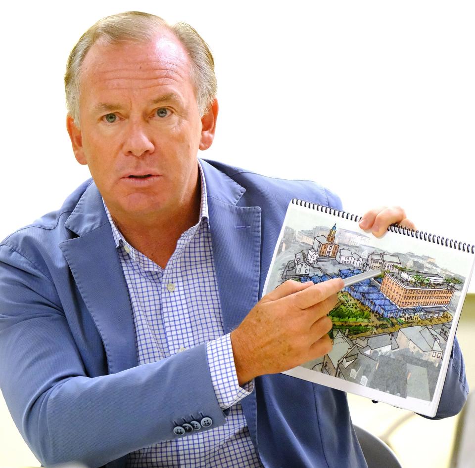 Bill Binnie, president of the Carlisle Capital, is seen in 2019, when he went public with a redevelopment plan for the McIntyre federal building site in Portsmouth. He presented another plan in 2022. Now, in September 2023, he said his company is bidding to buy the property in a General Services Administration auction.