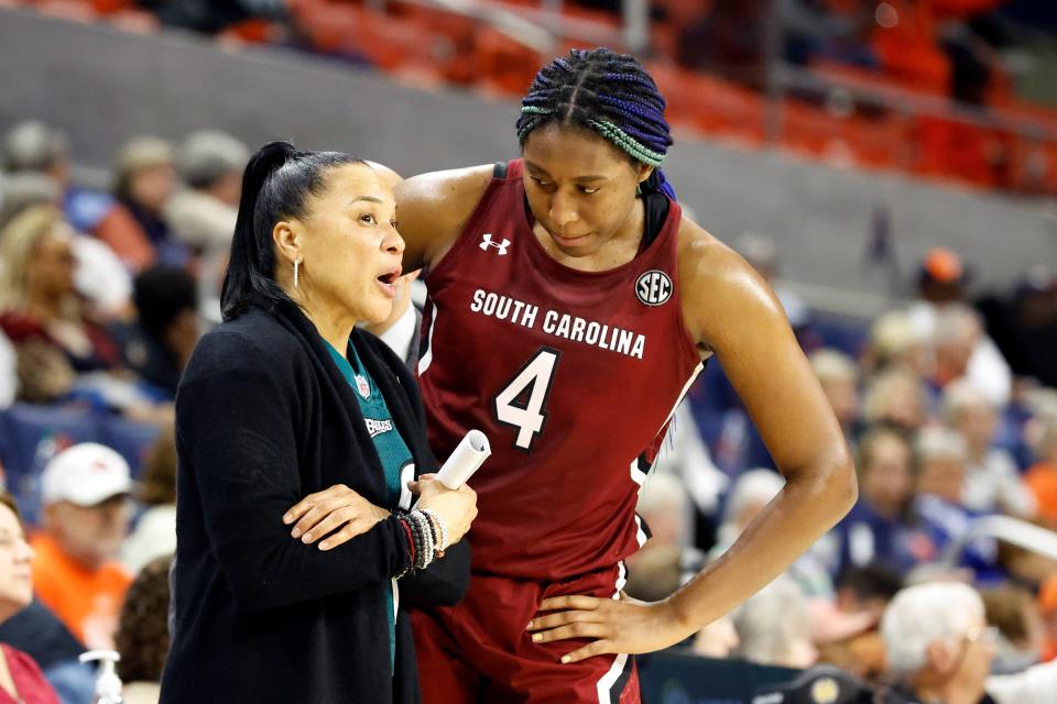 South Carolina head coach Dawn Staley, left, talks with forward Aliyah Boston (4) during the second half of an NCAA college basketball game against Auburn, Thursday, Feb. 9, 2023, in Auburn, Ala. (AP Photo/Butch Dill)