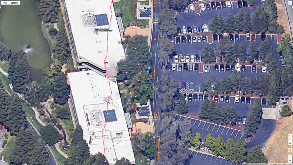 A GPS map showing how the COROS VERTIX 2S (orange line), Garmin Forerunner 965 (brown line), and Polar Vantage V3 (pink line) performed.