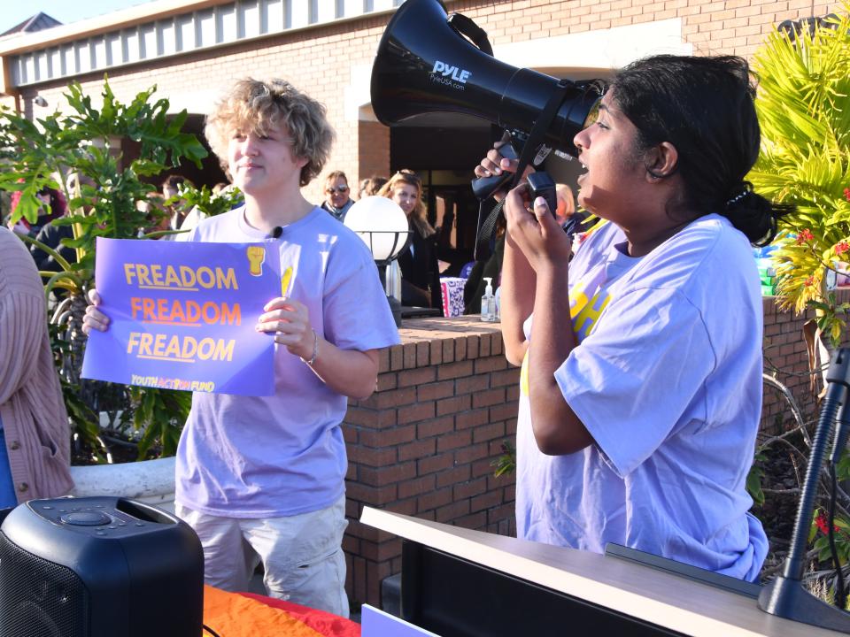 Brevard student Anjani Sharma, pictured at right at a February rally against book banning, has been named a 2024 Prudential Emerging Visionary for her work as founder and executive director of Minds Without B0rders.