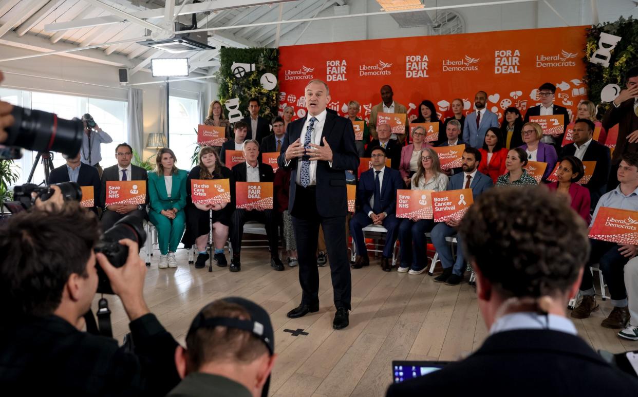 Sir Ed Davey launches the Liberal Democrats' general election manifesto at an event in central London