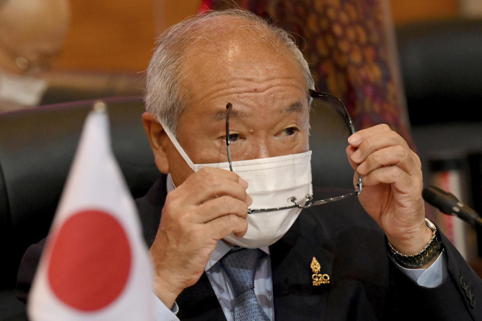 Japanese Finance Minister Shunichi Suzuki attends the second day of the G20 Finance Ministers and Central Bank Governors Meeting in Nusa Dua,Bali, Indonesia, on Saturday, July 16, 2022. (Sonny Tumbelaka/Pool Photo via AP)