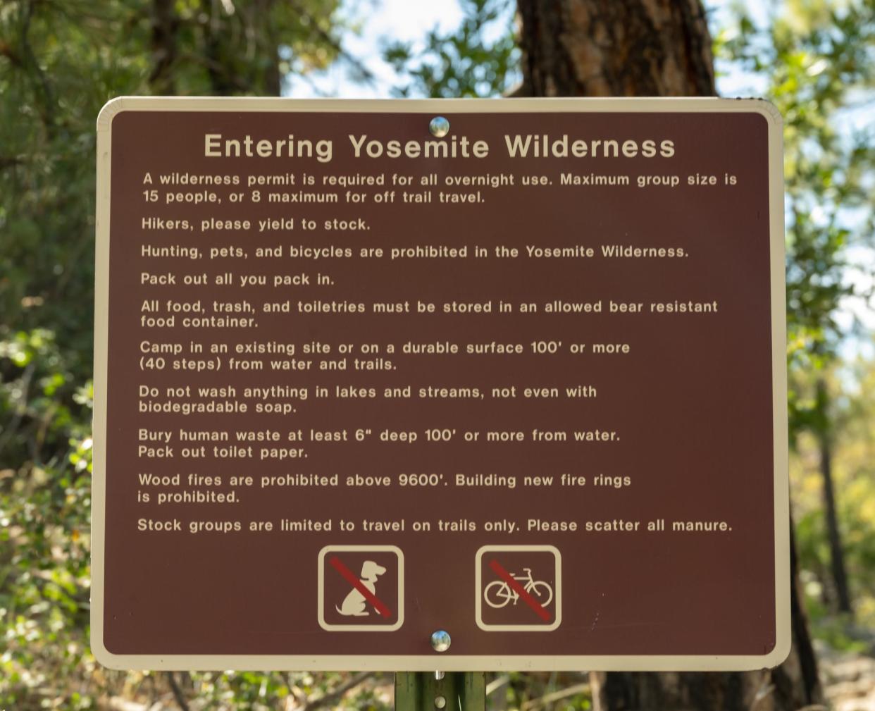 Yosemite National Park, United States: July 3, 2022: Entering Yosemite Wilderness Rules Sign at trailhead