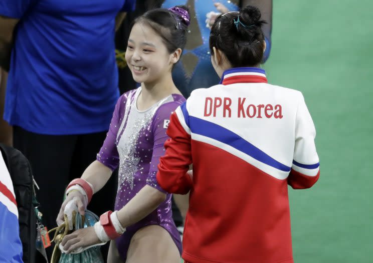 South Korea's Lee Eun-Ju and North Korea's Hong Un Jong shared a selfie Sunday. (AP)