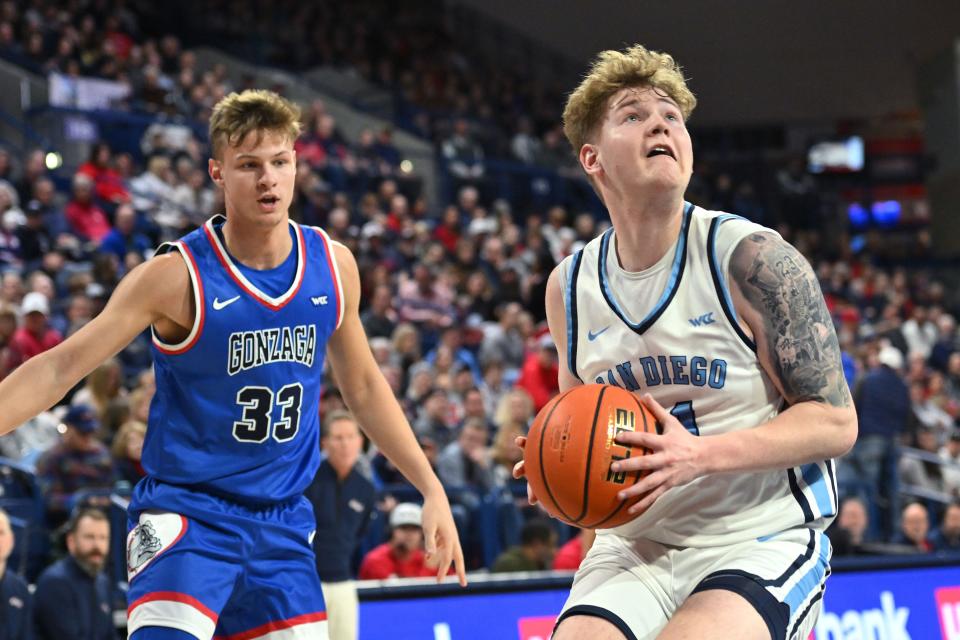 Jan 6, 2024; Spokane, Washington, USA; San Diego Toreros forward PJ Hayes (21) shoots the ball against Gonzaga Bulldogs forward Ben Gregg (33) in the first half at McCarthey Athletic Center. Mandatory Credit: