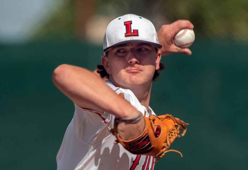 Lodi's Andrew Wright delivers a pitch during a varsity baseball game against Mountain House at Tony Zupo Field in Lodi on Tuesday, May, 9, 2023. Lodi won 6-4.