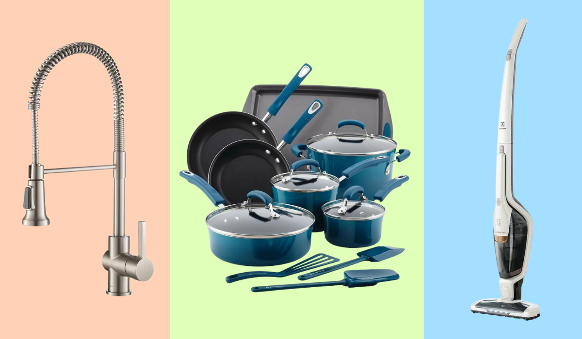 faucet, cookware set, and stick vacuum