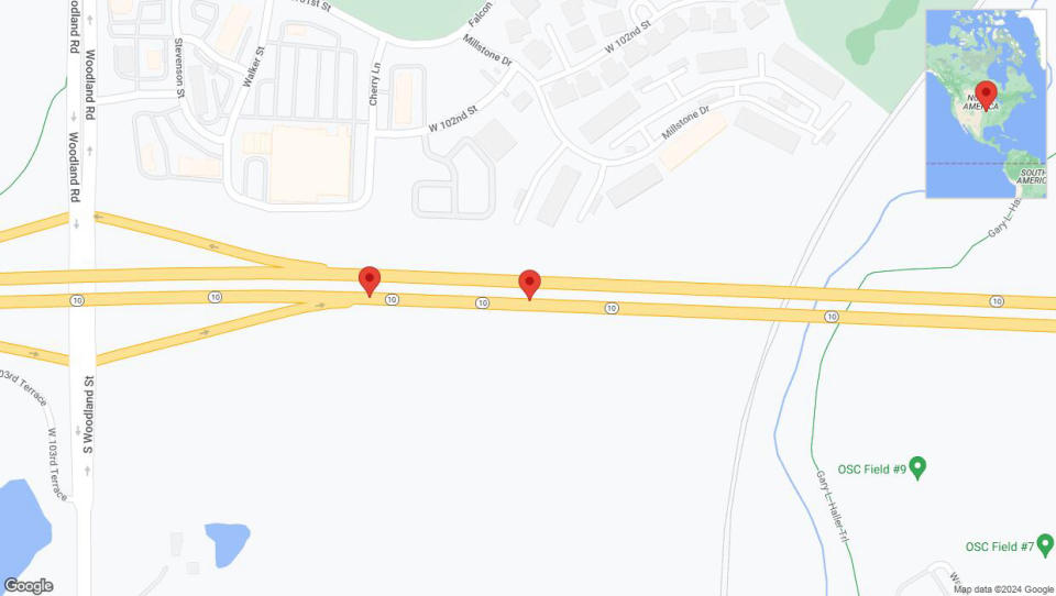 A detailed map that shows the affected road due to 'Broken down vehicle on eastbound K-10 in Lenexa' on July 18th at 8:44 p.m.