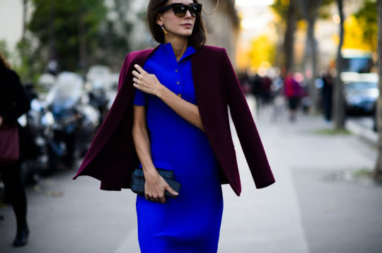 Cobalt blue and oxblood — On the street.