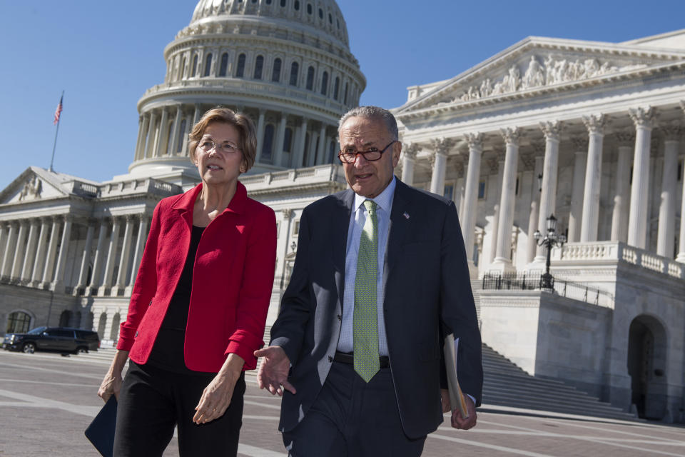 Massachusetts Sen. Elizabeth Warren, whose presidential bid ended just over two weeks ago, unveiled a proposal with Senate Minority Leader Chuck Schumer and Ohio Sen. Sherrod Brown to cancel some student loan debt as part of an economic response to the coronavirus pandemic. (Photo: Tom Williams via Getty Images)