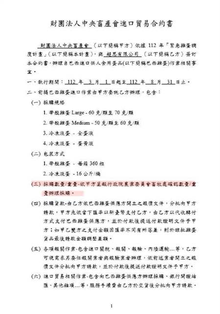 國民黨立委洪孟楷今曝光「財團法人中央畜產會進口貿易合約書」。（洪孟楷提供）