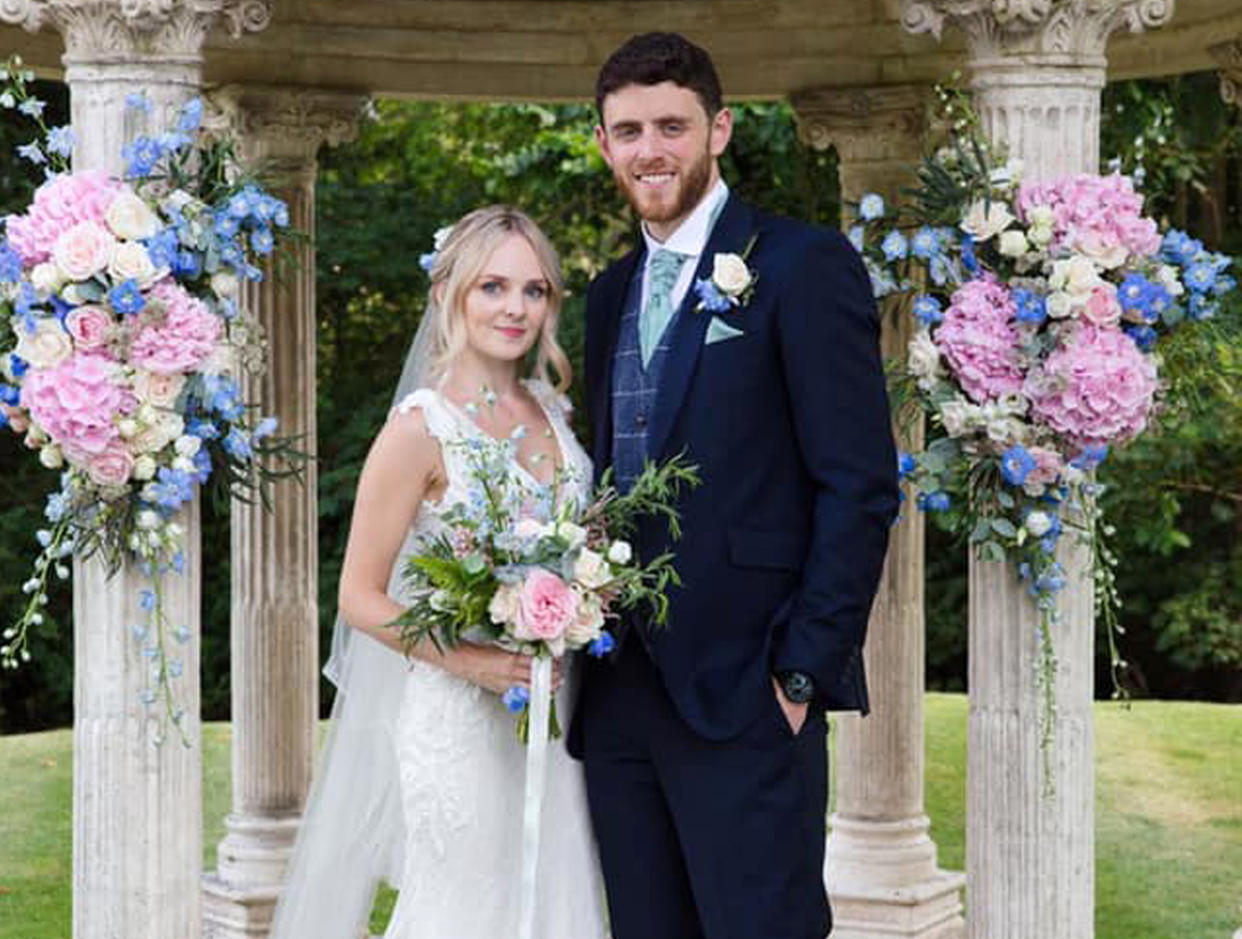 Thames Valley Police officer PC Andrew Harper and his wife, Lissie, celebrating their wedding four weeks ago at Ardington House in Oxfordshire. (PA)