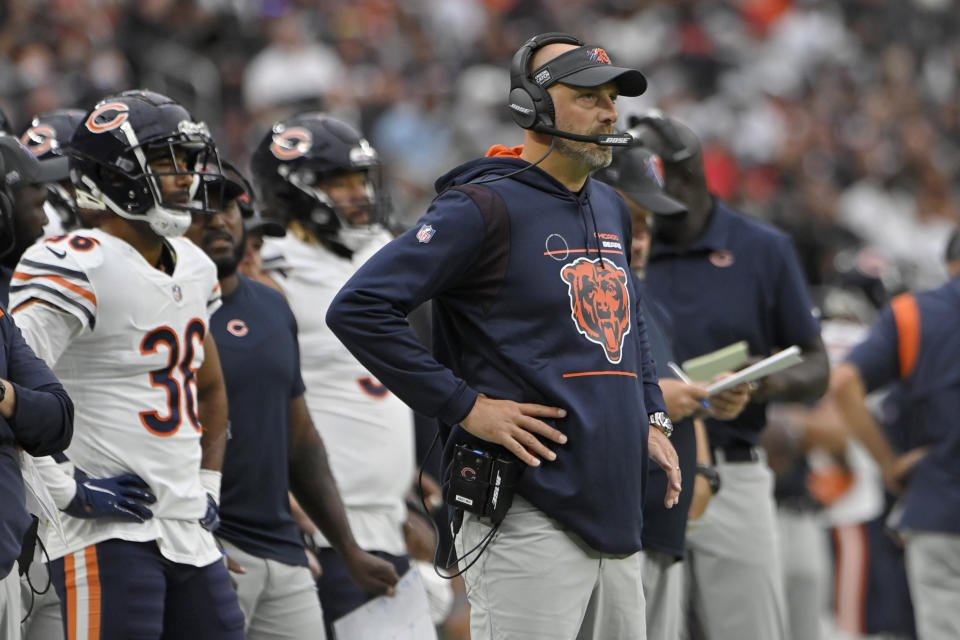 Chicago Bears head coach Matt Nagy watches during the first half of an NFL football game against the Las Vegas Raiders, Sunday, Oct. 10, 2021, in Las Vegas. (AP Photo/David Becker)