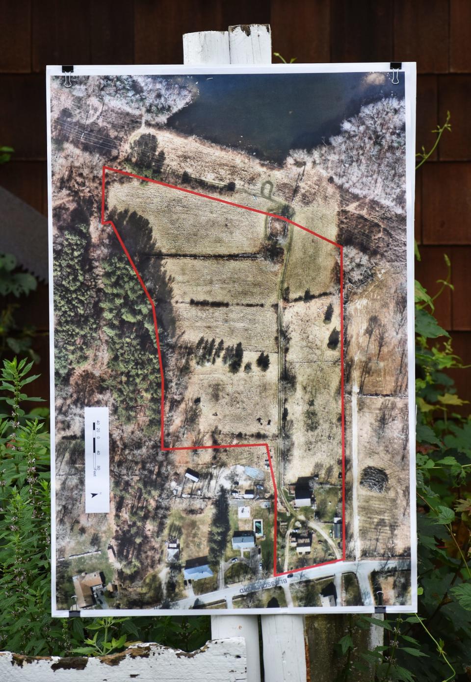 A map shows the extent of the Adirondack Farm property on Blossom Road in Fall River, which will be used as the Southeastern Massachusetts Bioreserve's new environmental education center.