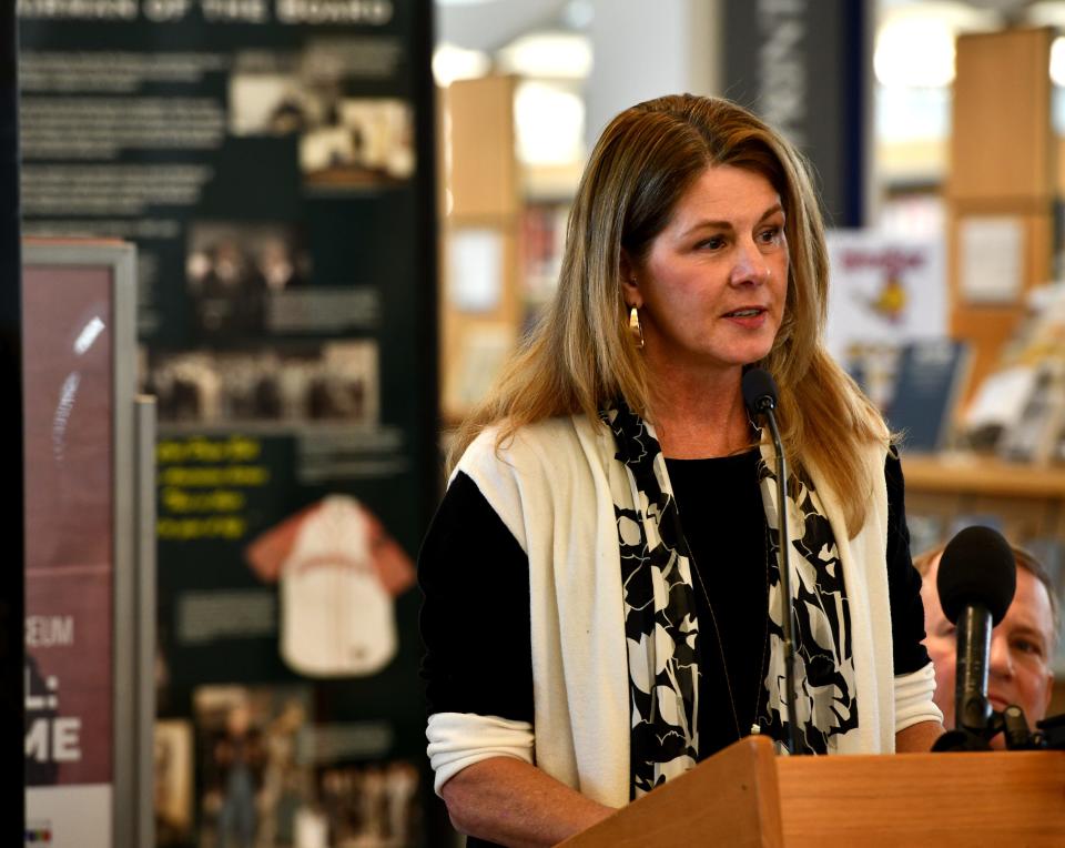 Karen Sharpe, poet and associate vice president of Leadership Giving at WPI, speaks during a press conference announcing a National Baseball Poetry Festival in Worcester.