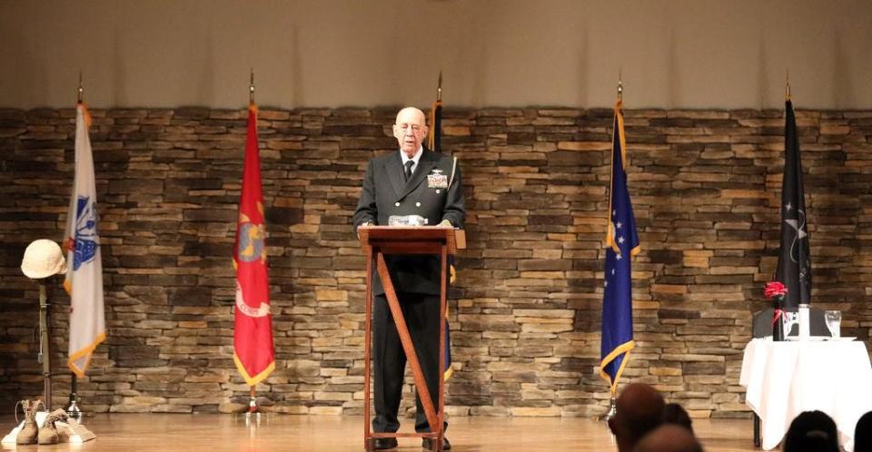 Captain USN (retired) Roy Cash gave the Keynote Address during the 2023 Celebrating Our Veterans program hosted by the West Tennessee Veterans Coalition at Englewood Baptist Church.