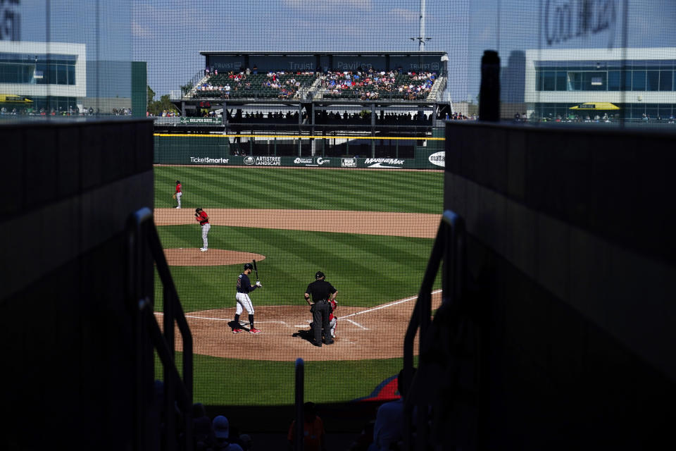 The Boston Red Sox play the Atlanta Braves during a spring training baseball game on Saturday, Feb. 25, 2023, in North Port, Fla. (AP Photo/Brynn Anderson)